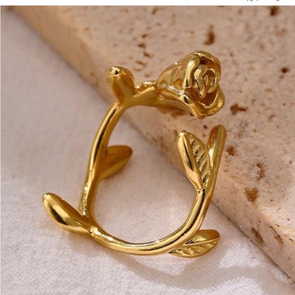 18k Gold Leaf Handcrafted Rose Ring 6-8 - Picture 1 of 8
